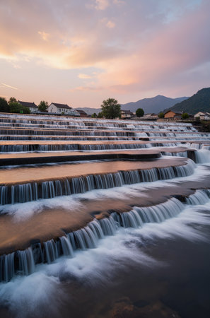 Waterfall in the village at sunset, Lijiang, Yunnan, Chinaの素材