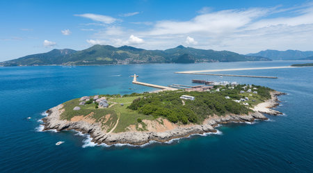 Aerial view of the lighthouse on the island in the sea.の素材