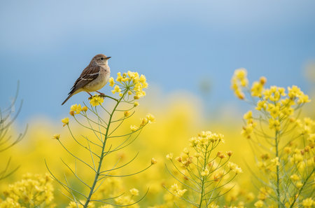 Sparrow in a field of rape (Rapeseed)の素材