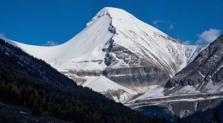 Mountain landscape with snow and clear blue sky in Almaty, Kazakhstanの素材
