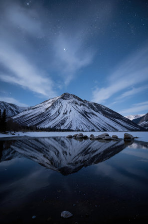 Mountains reflected in the lake at night with starry sky.の素材