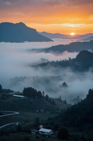 Foggy morning in the mountains. Carpathians, Ukraineの素材