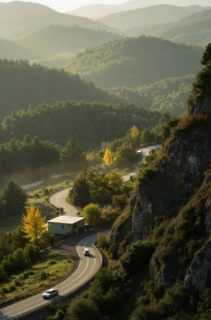 Mountain road in the morning light. Crimea, Ukraine, Europeの素材
