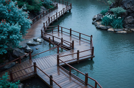 Wooden walkway in the park, closeup of photo.の素材