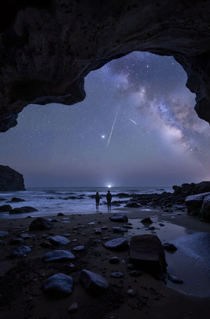 Milky way over the sea with a couple in the cave.の素材
