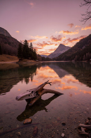 Sunset on the lake in the Dolomites, Italy.の素材