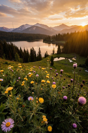 Sunset on the lake in the mountains of the Ukrainian Carpathiansの素材