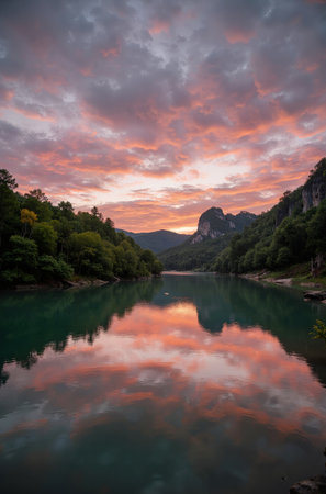 Sunset over the river in the mountains of Catalonia, Spain.の素材