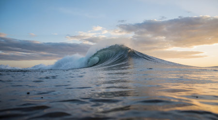 Surfing ocean wave at sunset in Bali island, Indonesia.の素材