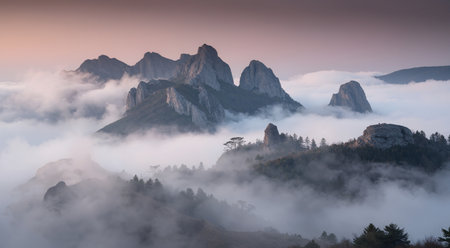 Landscape of rocky mountains in fog at sunrise. Crimea, Ukraineの素材
