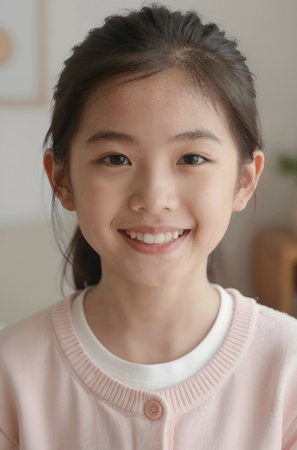 Portrait of a smiling asian girl in pink sweater at homeの素材