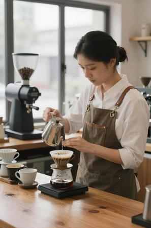 asian female barista making coffee in coffee shop, stock photoの素材