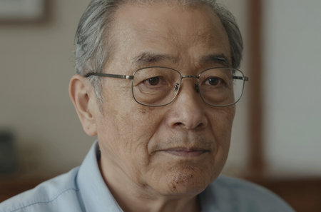 Portrait of senior asian man with eyeglasses at homeの素材