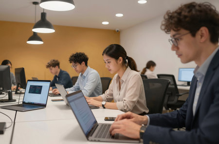 Group of young business people discussing business plan at modern startup office buildingの素材
