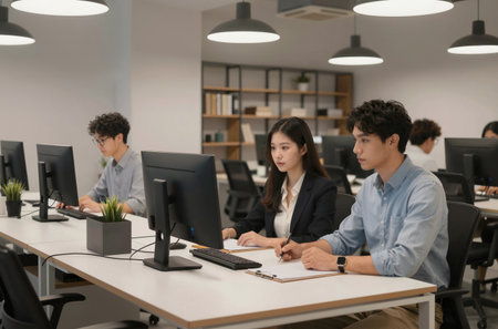 Group of business people working on computer in modern office. asianの素材