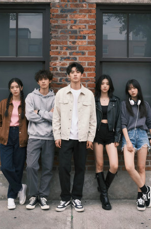 Group of young asian people wearing casual clothes in urban background.の素材