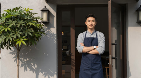 Portrait of a smiling Asian waiter standing outside a restaurant with arms crossedの素材
