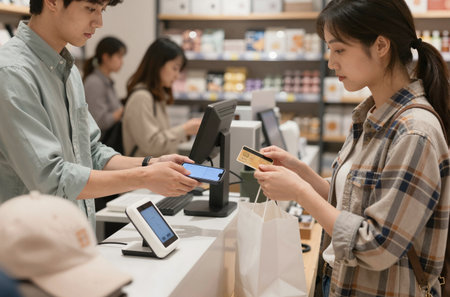 Young asian woman paying with credit card in drugstore, shopping conceptの素材