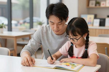 Asian father helping his daughter doing homework at home. Education concept.の素材