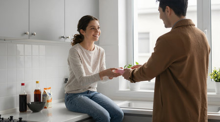 Happy young couple holding hands and greeting each other in the kitchen at homeの素材