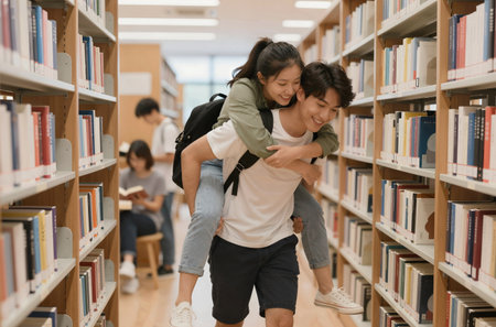 happy group of asian high school students in library, education conceptの素材