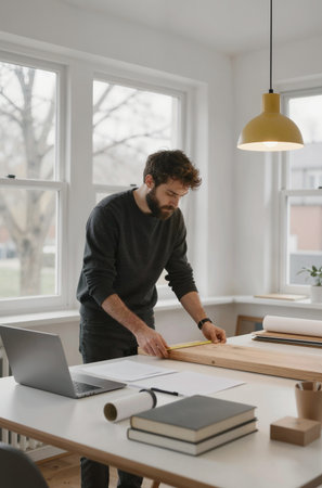Young man measuring wooden table with ruler in modern office, copy spaceの素材
