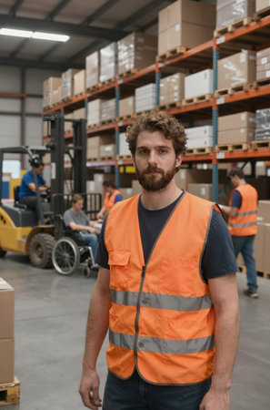 Portrait of confident warehouse worker looking at camera in warehouse. This is a freight transportation and distribution warehouse. Industrial and industrial workers conceptの素材