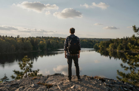 Man with backpack standing on the edge of a cliff and looking at the lakeの素材