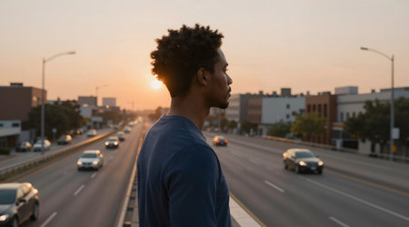 Young african american man with afro hairstyle walking on city street at sunsetの素材