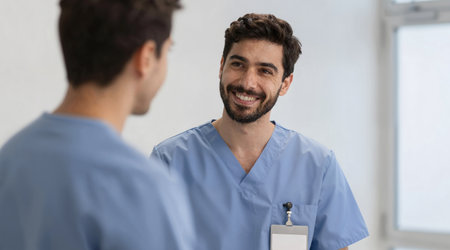 Portrait of a smiling doctor talking to a patient at the hospitalの素材