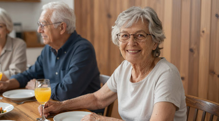 Portrait of smiling senior couple sitting at table and looking at cameraの素材