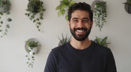 Portrait of handsome bearded man in casual clothes smiling and looking at cameraの素材