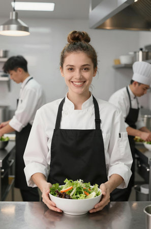 Beautiful young woman with salad in restaurant kitchen. Food delivery serviceの素材