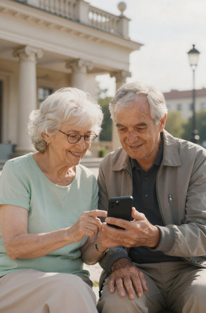 Portrait of senior couple using mobile phone while sitting on bench in parkの素材