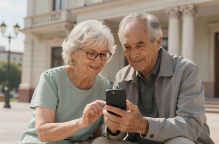 Senior couple using mobile phone in the street. They are sitting on the bench and smilingの素材