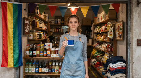 Portrait of a female worker in apron holding a paper cup in the shopの素材