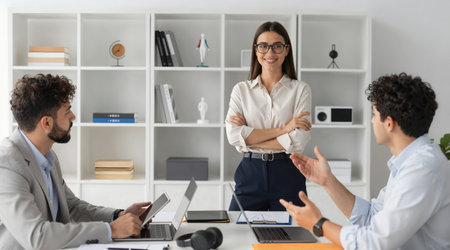Confident businesswoman in eyeglasses talking to colleagues in officeの素材