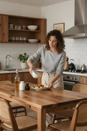 Beautiful young woman with curly hair is preparing breakfast in the kitchen.の素材