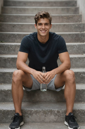 Young man sitting on stairs holding bottle of water, smiling at cameraの素材