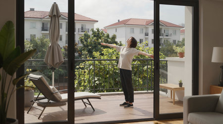 Woman looking out the window at home, she is stretching her armsの素材