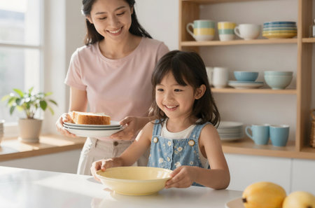 happy asian little girl and her mother having breakfast together at homeの素材