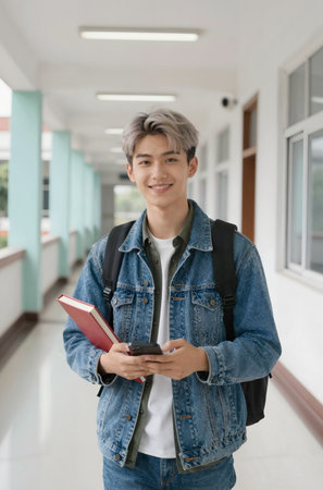 young asian man holding book and smiling at camera in college corridorの素材