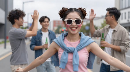 group of asian friends having fun together on the street in summerの素材