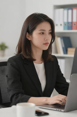 Businesswoman working on laptop computer at office. Young asian businesswoman.の素材
