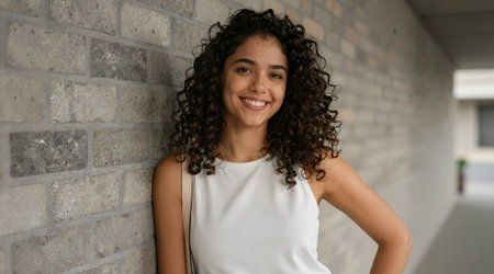 Portrait of a beautiful young woman with curly hair, smiling and looking at the camera.の素材