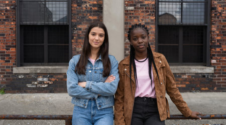 Portrait of two teenage girls standing with arms crossed in urban environmentの素材