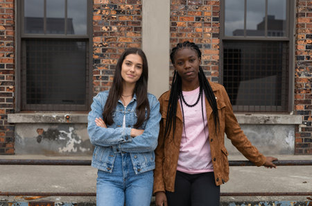 Portrait of two multiethnic women standing outdoors with arms crossedの素材