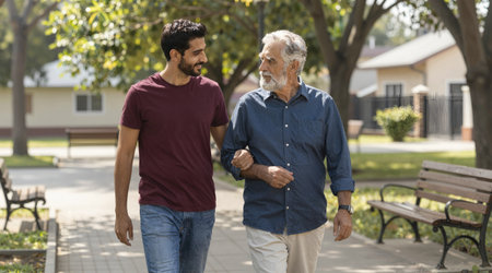 Father and son walking in the park. They are talking and smiling.の素材