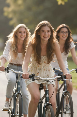 Portrait Of Female Friends Riding Bicycles On Countryside Pathの素材