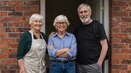 Portrait of senior couple with arms crossed standing by doorway at homeの素材